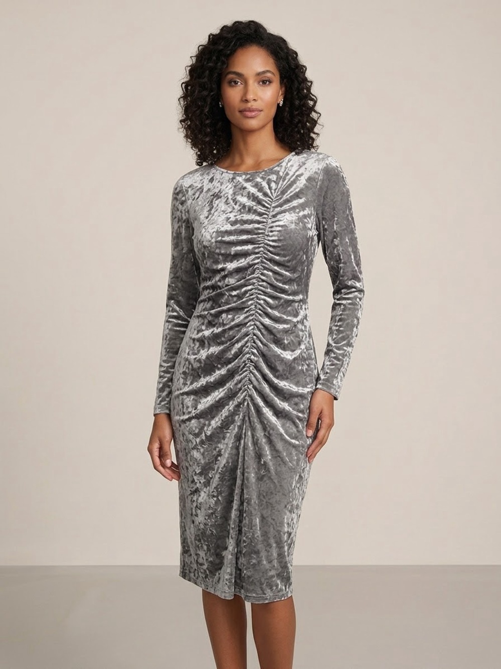Ruched Silver-Gray Velvet Long-Sleeve Midi Dress